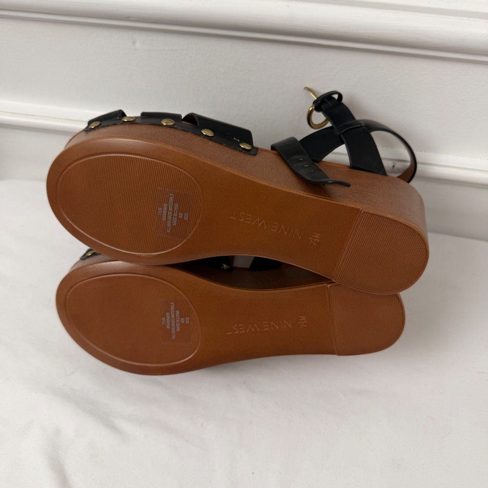Nine West Hannah Black Platform Wedge Sandals Strappy Studded Womens 7.5M - Picture 5 of 7